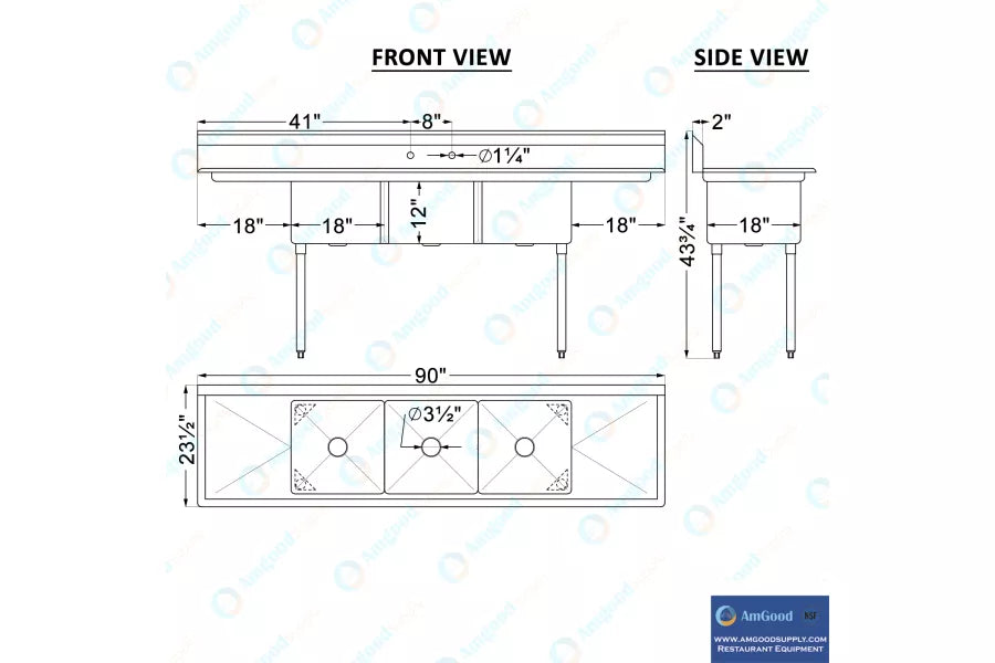 90 in. x 23.5 in. Stainless Steel Three Compartment Sink with 18 in. x 18 in. Bo image 1