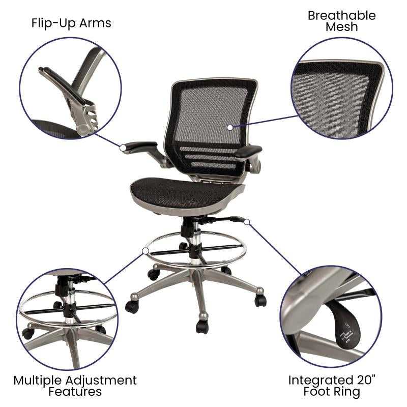 Waylon Mid-Back Transparent Black Mesh Drafting Chair with Graphite Silver Frame image 2