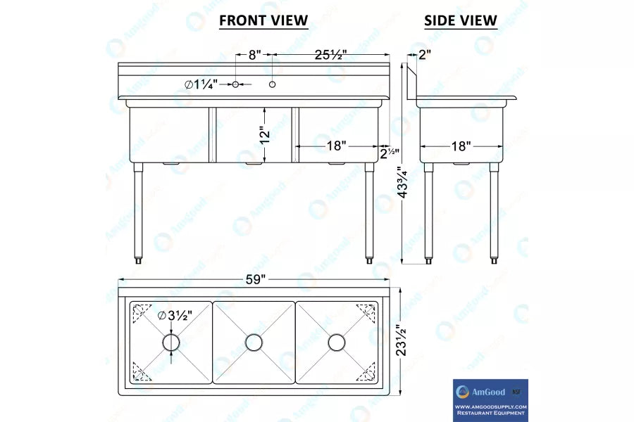 59 in. x 23.5 in. Stainless steel Three Compartment Sink with 18 in. x 18 in. Bo image 1