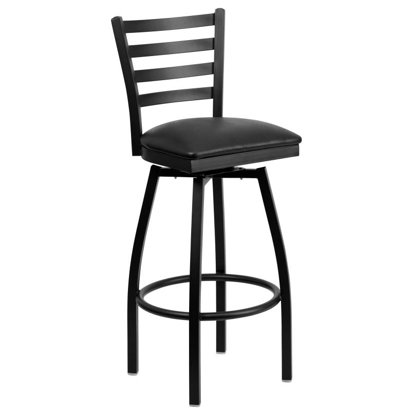 Ladder Back Swivel Metal Barstool - Black Vinyl Seat image 1