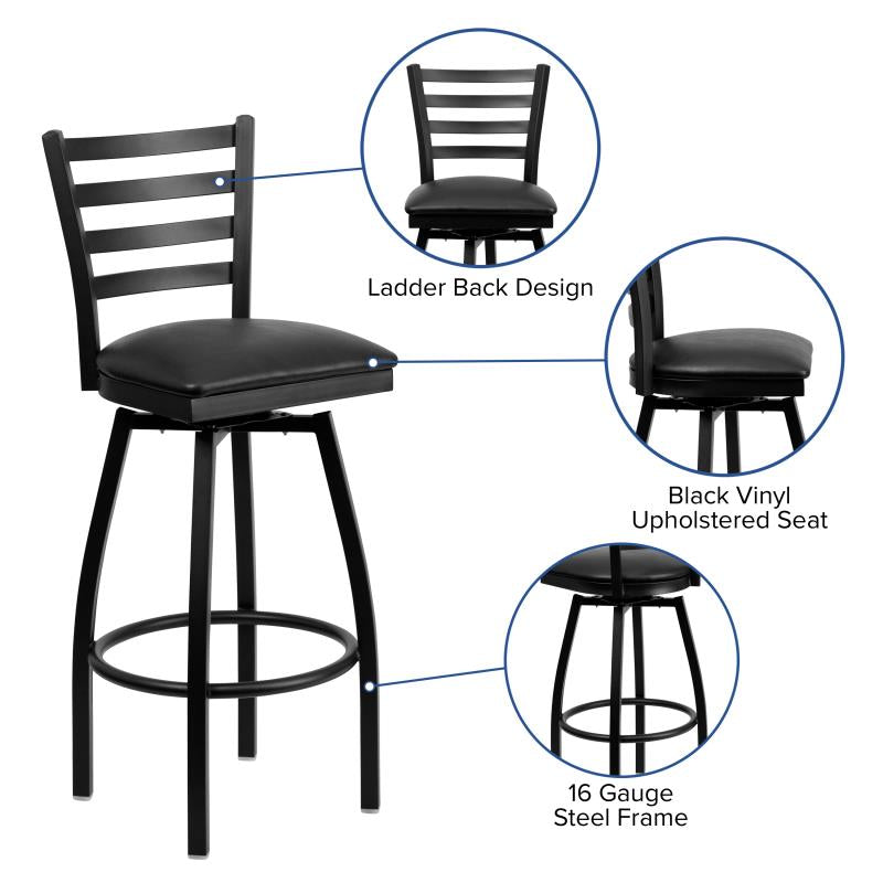 Ladder Back Swivel Metal Barstool - Black Vinyl Seat image 0