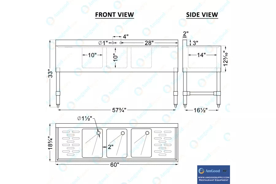 60 in. x 19 in. Three Compartment Underbar Sink with Right and Left Drainboards image 3