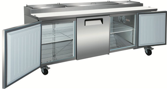VALPRO 94″ THREE DOOR PIZZA PREP TABLE REFRIGERATOR image 1