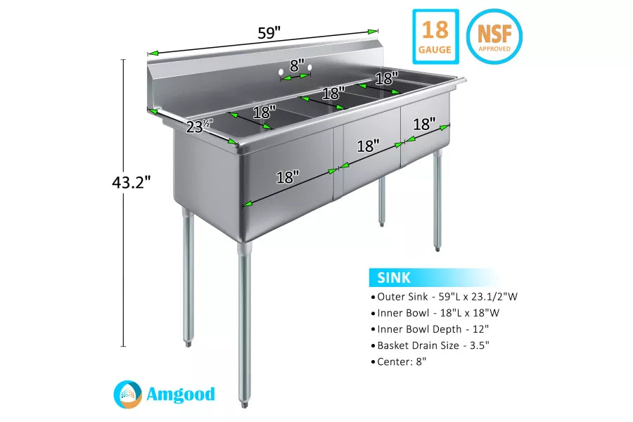 59 in. x 23.5 in. Stainless steel Three Compartment Sink with 18 in. x 18 in. Bo image 2