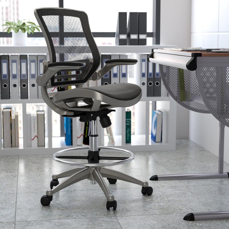 Waylon Mid-Back Transparent Black Mesh Drafting Chair with Graphite Silver Frame image 1