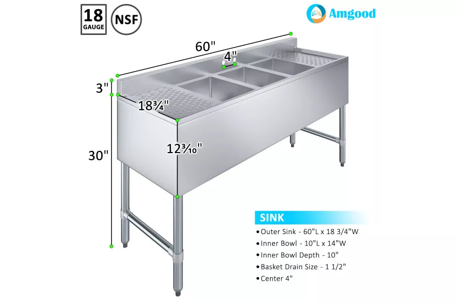 60 in. x 19 in. Three Compartment Underbar Sink with Right and Left Drainboards image 2